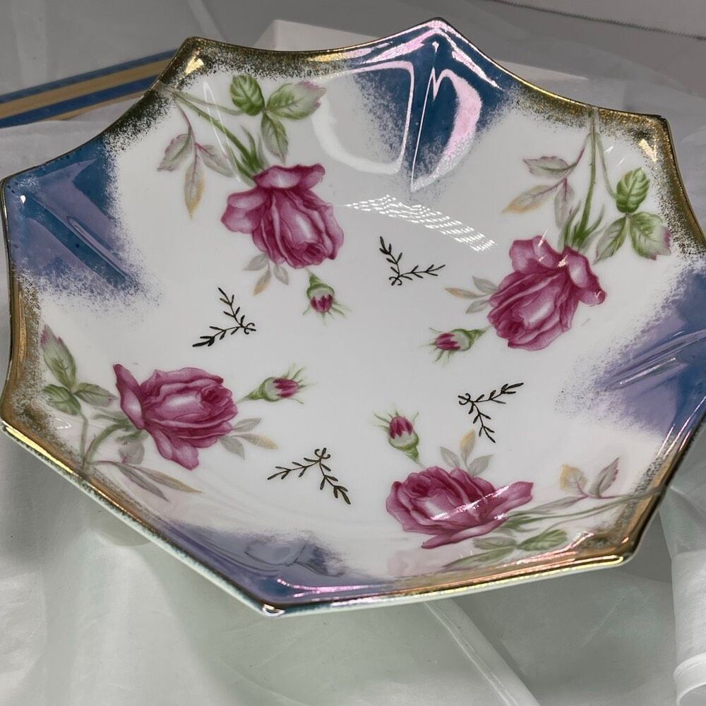 Vintage Trimont ware Japan iridescent luster ware floral octagonal bowl